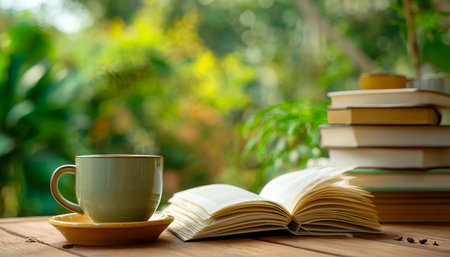 A tranquil outdoor corner features open books, steamy coffee, and layered notebooks, inviting relaxation and literary inspiration in a peaceful settingの写真素材