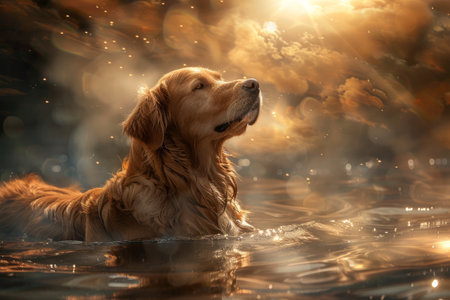 Golden retriever breaks free, symbolizing liberation on journey to another realmの写真素材