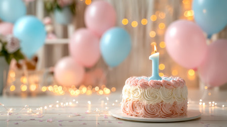 A festive scene featuring an elegant layered cake glowing with a lit candle, encircled by soft pastel balloons and warm fairy lights for joyful festivの写真素材