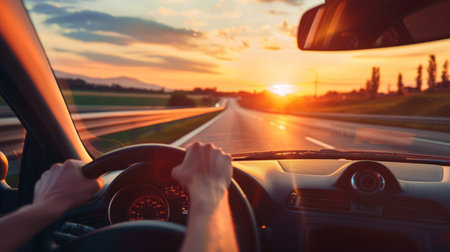 Driver s hands on steering wheel in summer road trip at sunset, with focus on the journey