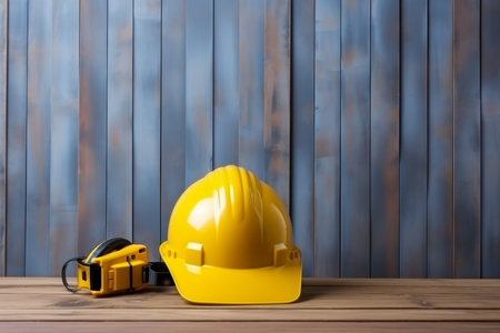 Construction works scheme with yellow or blue helmet and tools on light backgroundの写真素材