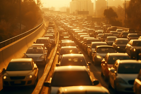 Aerial view of busy metropolis with numerous cars driving on the road in a vibrant cityscapeの写真素材