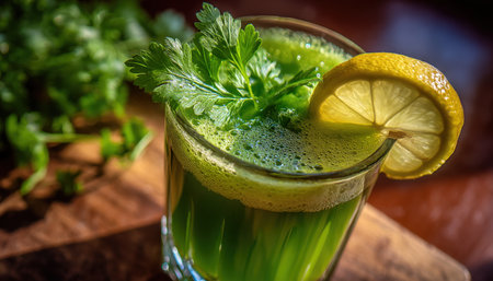 Vibrant green extract in a glass, topped with citrus and fresh herbs, set on weathered wood, evoking a healthy, natural lifestyle and rustic charm.の写真素材