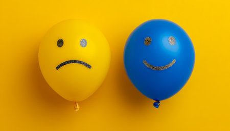 Bright yellow backdrop highlights two playful balloons, one joyful and smiling, the other grumpy and frowning, perfect for mood and emotion themes.の写真素材