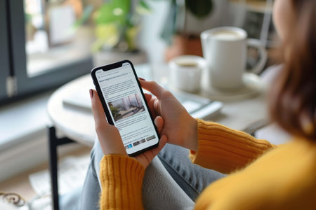 Woman at home reading online news on smartphone mockup website with newspaper and portal on screen