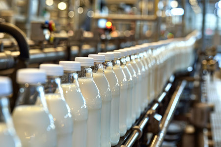 Streamlined milk bottling process in standard factory for optimal production efficiencyの写真素材