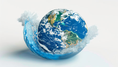 Global warming concept earth globe in ocean wave on white background, nasa elementsの写真素材