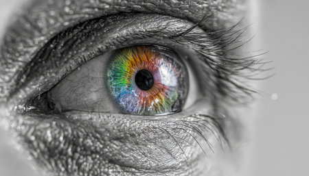 A detailed shot of a human eye featuring a captivating, rainbow-hued iris that evokes wonder, artistic style, and inspiring possibilities.の写真素材