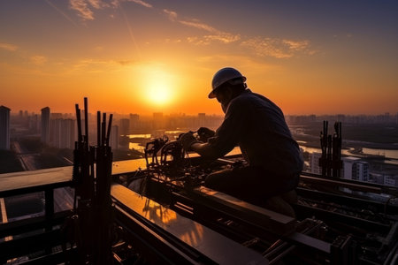 Construction team and engineer silhouette at sunset site for industry background