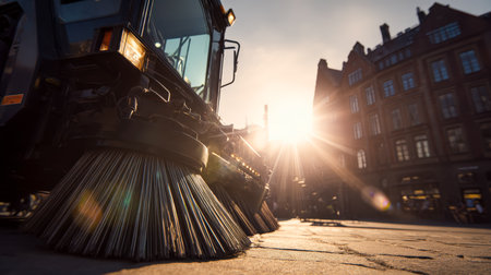 A maintenance vehicle with a spinning brush clears debris on a bustling city avenue during a vibrant sunset, highlighting urban cleanliness efforts.の写真素材