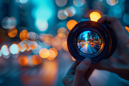 Urban cityscape through lens with bokeh effect and blurred lights in blue and orange tones