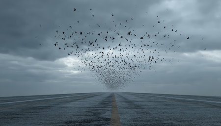 A vast sky dominated by foreboding clouds as avian silhouettes soar above a coastal highway, evoking a sense of fleeting freedom and impending storm.の写真素材