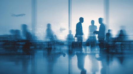Silhouettes of colleagues engaged in a dynamic conversation amidst blurred background of an airport, capturing movement and professional networking.の写真素材