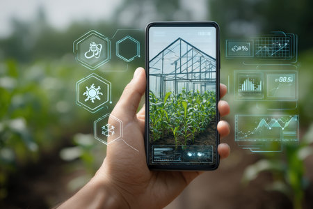 Close-up of hands grasping a smartphone that showcases a high-tech greenhouse with real-time data...