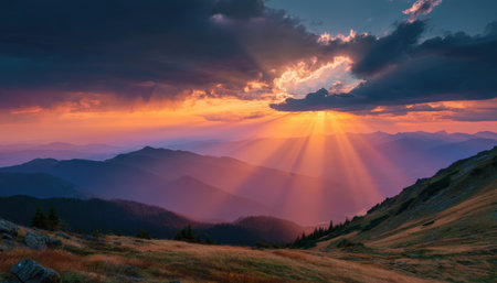 A breathtaking view of fading daylight illuminating rugged peaks, with golden rays piercing misty clouds to create a peaceful, awe-inspiring scene.の写真素材