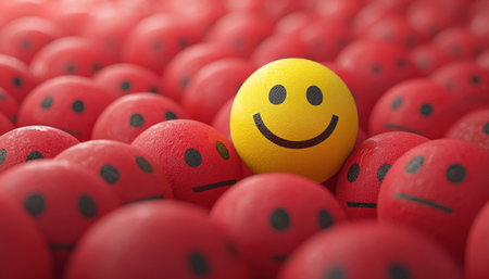 Bright yellow stress ball with a cheerful grin amid red stress balls showing diverse emotions, creating a playful, uplifting mood for relaxation and sの写真素材