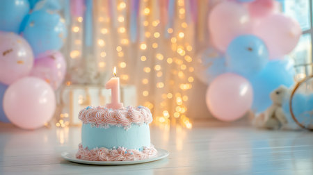 A colorful celebration scene featuring a small cake adorned with pink and blue accents, a glowing candle, and joyful festive decor, symbolizing a cherの写真素材