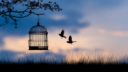A dark outline of a suspended birdcage swaying from a tree branch, with migrating birds soaring across a vibrant sunset sky, evoking freedom and tranqの写真素材