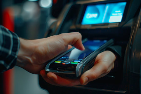Close-up of person making contactless payment using smartphone for quick and secure transactionの写真素材