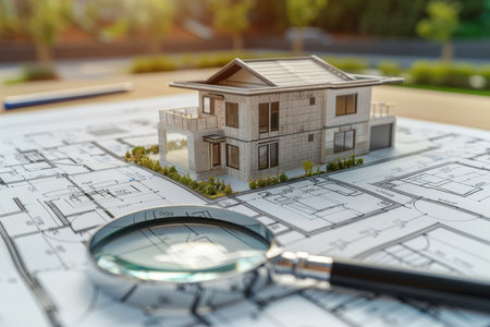Architectural blueprint and technical drawing with house model revealed through magnifying glassの写真素材