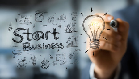 A creative workspace featuring handwritten entrepreneurial goals, including growth diagrams and a glowing bulb signifying bright ideas and startup eneの写真素材