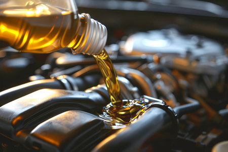 Pouring fresh car engine oil from plastic container in high quality image with precisionの写真素材