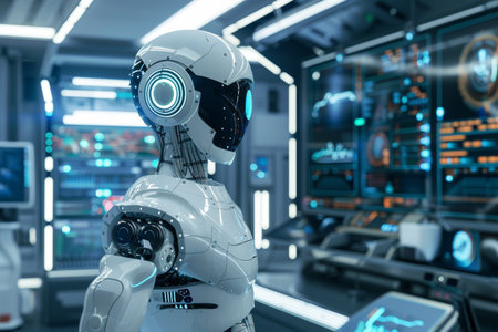 Futuristic workspace with robotic assistance for advanced operations in a cutting edge settingの写真素材