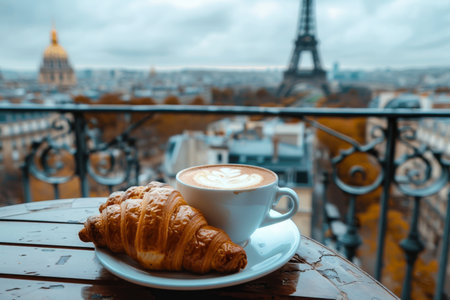 Romantic Parisian morning with coffee, croissants, and charming cityscape view in Franceの写真素材