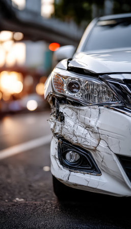 Sharp focus on a battered white sedan's front end, showcasing a dented bumper and crumpled hood amid urban traffic chaos.の写真素材