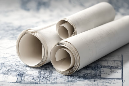 Blueprint sketches and tightly rolled plans lay atop intricate building layout diagrams, capturing detailed architectural planning in a professional wの写真素材