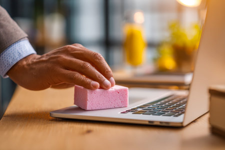 A cozy workspace scene featuring a hand delicately wiping a laptop's keys with a pastel pink sponge,...