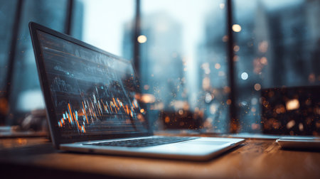 A sleek laptop showcases dynamic financial graphs amid a stylish workspace, evoking productivity and modern professionalism in a contemporary office.の写真素材