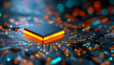 Vibrant close-up of a sleek processor embedded in a circuit board, illuminated by pulsating lights...