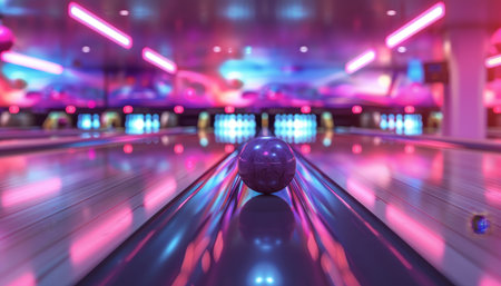 Colorful bowling balls on sleek lane in modern alley, vibrant and inviting atmosphere