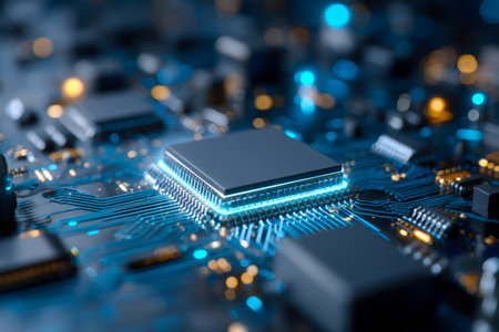 A detailed macro shot revealing glowing microchip surrounded by intricate circuitry and tiny...