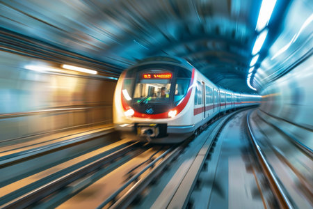 Dynamic subway train speeds in tunnel with motion blur, capturing urban metro energy in motionの写真素材