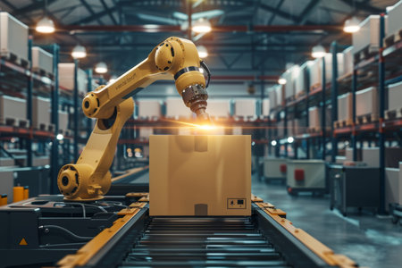 Automated robotic arm sorting cardboard box on conveyor in storage warehouse facility