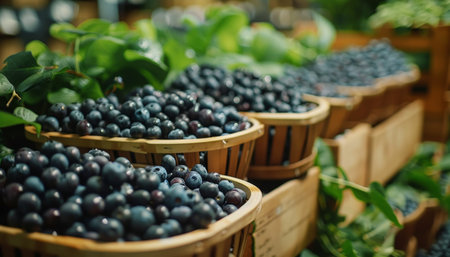 Fresh blueberries in wooden baskets at farm warehouse with farm to table conceptの写真素材