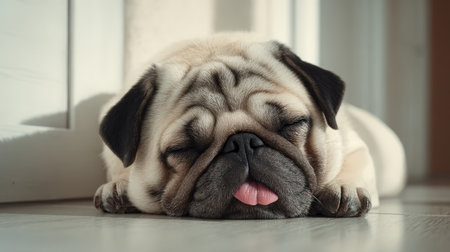 A charming young pug rests peacefully on the floor, its tiny tongue playfully peeking out, capturing a cozy, heartwarming moment of innocence.の写真素材