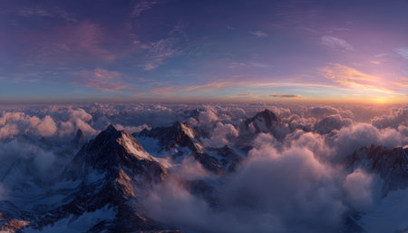 A stunning vista of towering icy summits bathed in early golden light, set against a vibrant,...