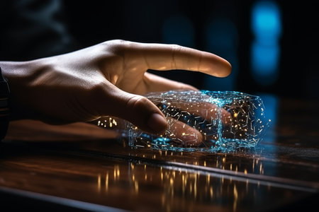 Ai and human touching hands on big data network background - science and technology conceptの写真素材