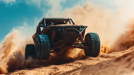 A rugged dune buggy kicks up a cloud of dust as it speeds across endless sandy plains under a bright, cloudless sky, showcasing thrilling adventure anの写真素材