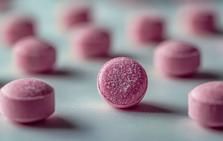 Vibrant pink capsule supplement amid a variety of small, colorful pills on a bright, neutral...