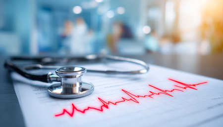 A healthcare professional reviews a patientâs vital signs using a stethoscope and a heart rate monitor in a well-lit, welcoming clinical environment.の写真素材