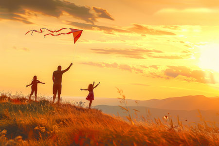 Happy family launching kite in nature at sunset, creating joyful memories togetherの写真素材