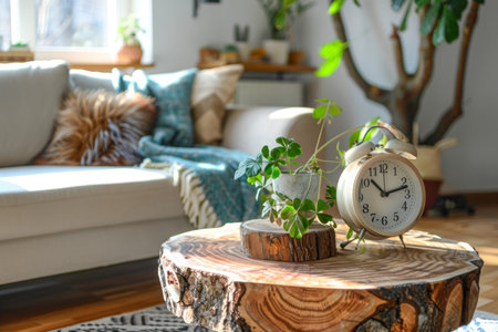 Bohemian style living room with close up of alarm clock on wooden table near sofaの写真素材