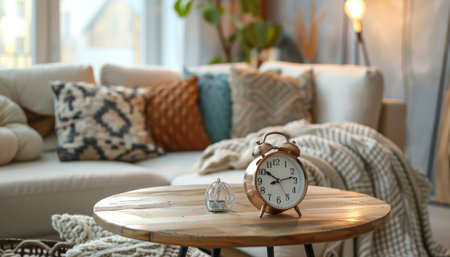 Bohemian style modern living room with close up of alarm clock on wooden table near sofaの写真素材