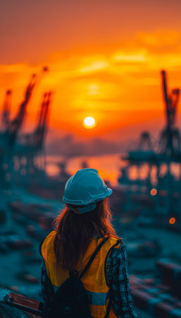 A confident woman in safety gear stands amid towering cranes and stacked containers, bathed in warm...