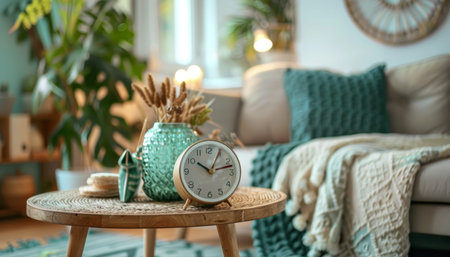 Bohemian chic living room close up of alarm clock on wooden table near sofa in modern home interior
