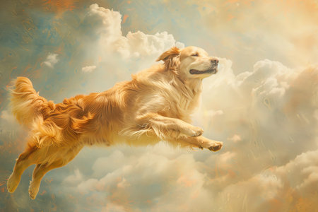 Ethereal tribute golden retriever s soul ascending to dog heaven in a graceful departureの写真素材